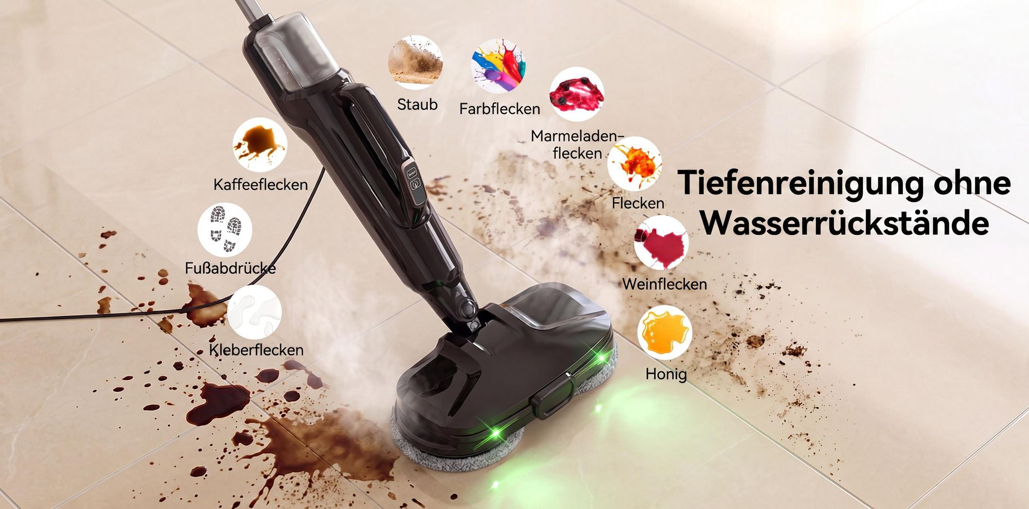 6in1 Dampfreiniger 1580W Dampfmopp & Dampfwischer mit 110°C Hochtemperatur-Dampf, 15 Sek. Aufheizzeit, Handdampfreiniger mit rotierenden Reinigungspad