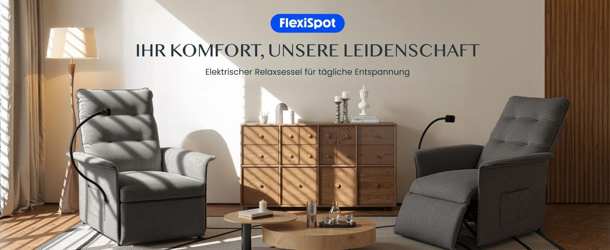 FLEXISPOT Elektrischer Relaxsessel mit Handyhalterung, ergonomischer Liegesessel mit Liegefunktion, Fernsehsessel bis 200kg belastbar, Dunkelgrau