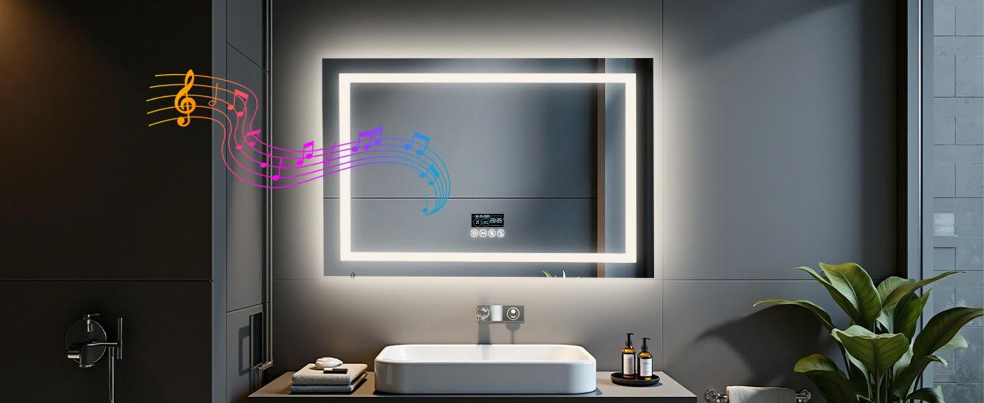 WISFOR LED Badspiegel mit Bluetooth Lautsprecher, 100x70cm Badezimmerspiegel mit Beleuchtung 3 Lichtfarbe, LED Wandspiegel dimmbar beschlagfrei