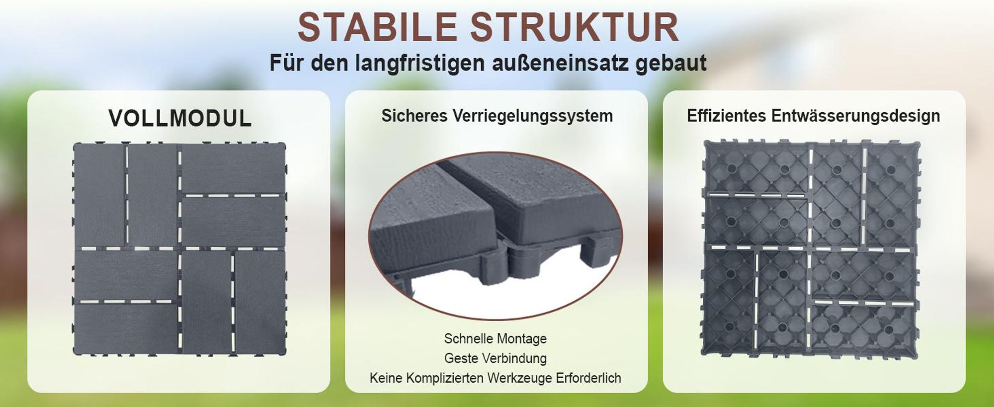 44 Stück Terrassenfliesen aus Kunststoff 30x30x2 cm, ca. 4 m², Klickfliesen mit Flechtmuster, wetterfest & rutschfest, für Balkon & Terrasse, Grau