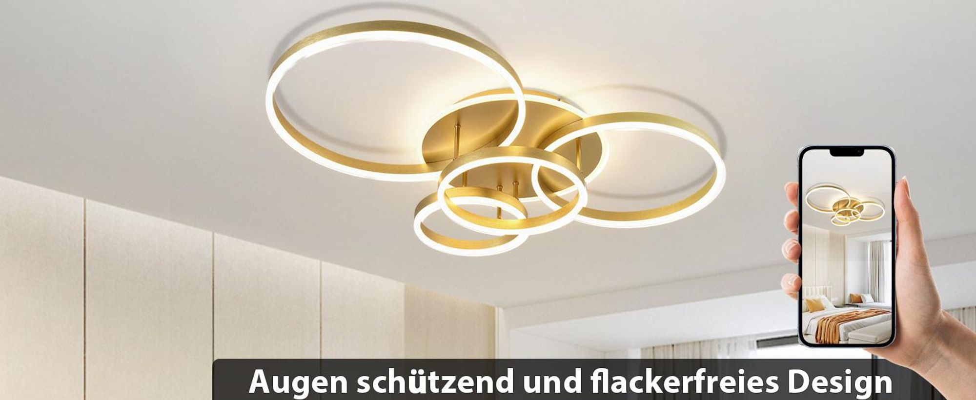 ZMH Lampa sufitowa LED 98CM Oświetlenie sufitowe 90W Ściemnialna z pilotem Złota 4 pierścienie Oświetlenie sufitowe do sypialni kuchni