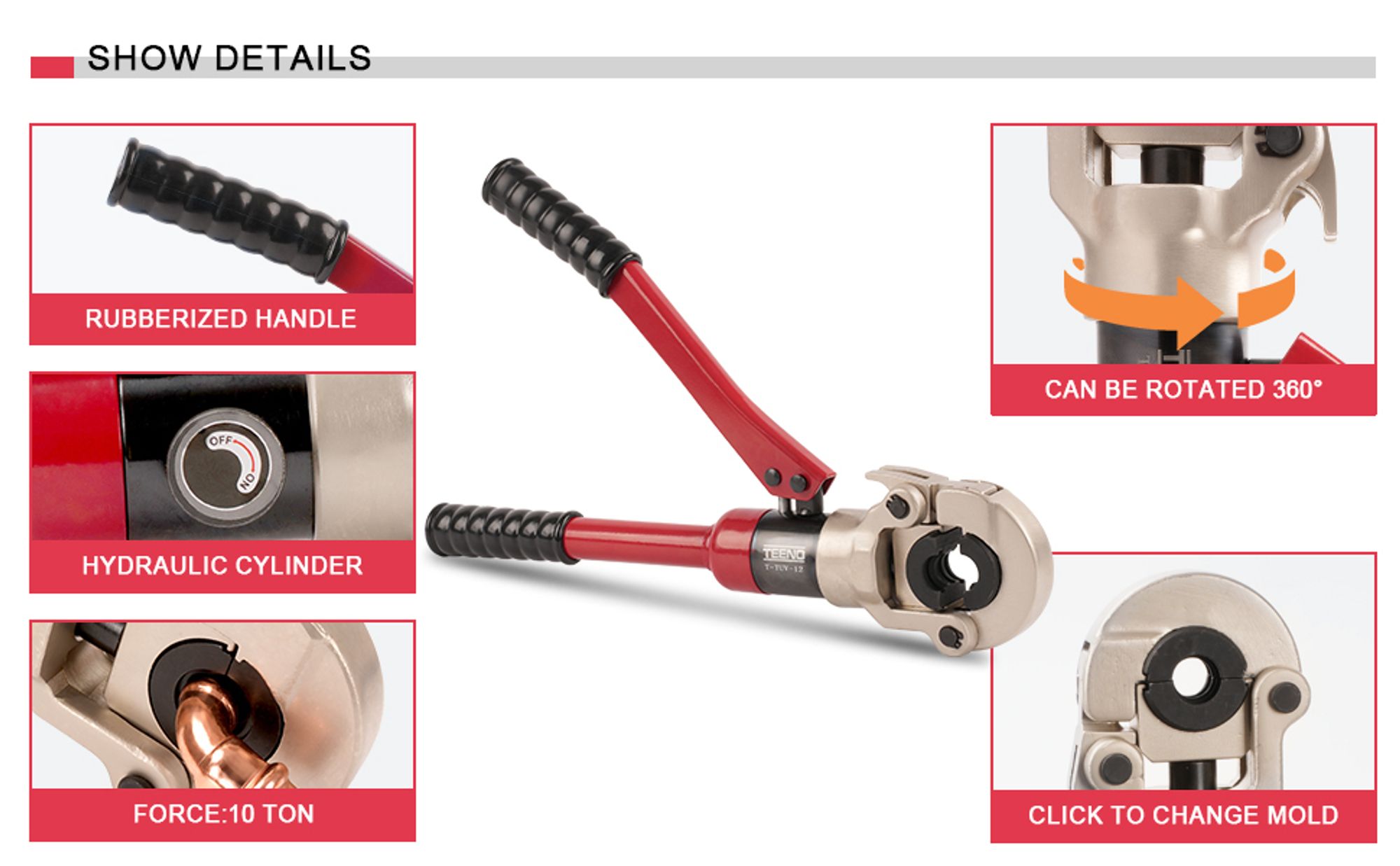 TEENO Profi Presszange 10T TH-Kontur, V-Kontur Und U-Kontur, Presszange Hydraulische Rohrpresszange Crimpzangen, Rohr-Crimpzange