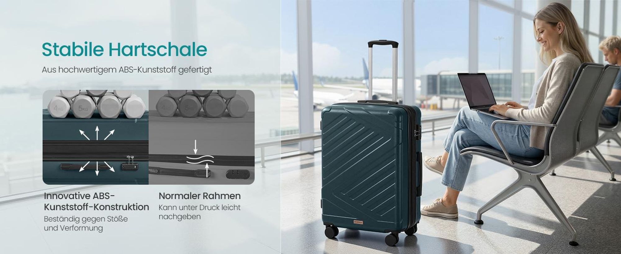 SONGMICS Koffer, Hartschalenkoffer mit TSA-Schloss und Koffergurt, erweiterbar, L, 65 cm, für Urlaub, 4 Rollen, türkis