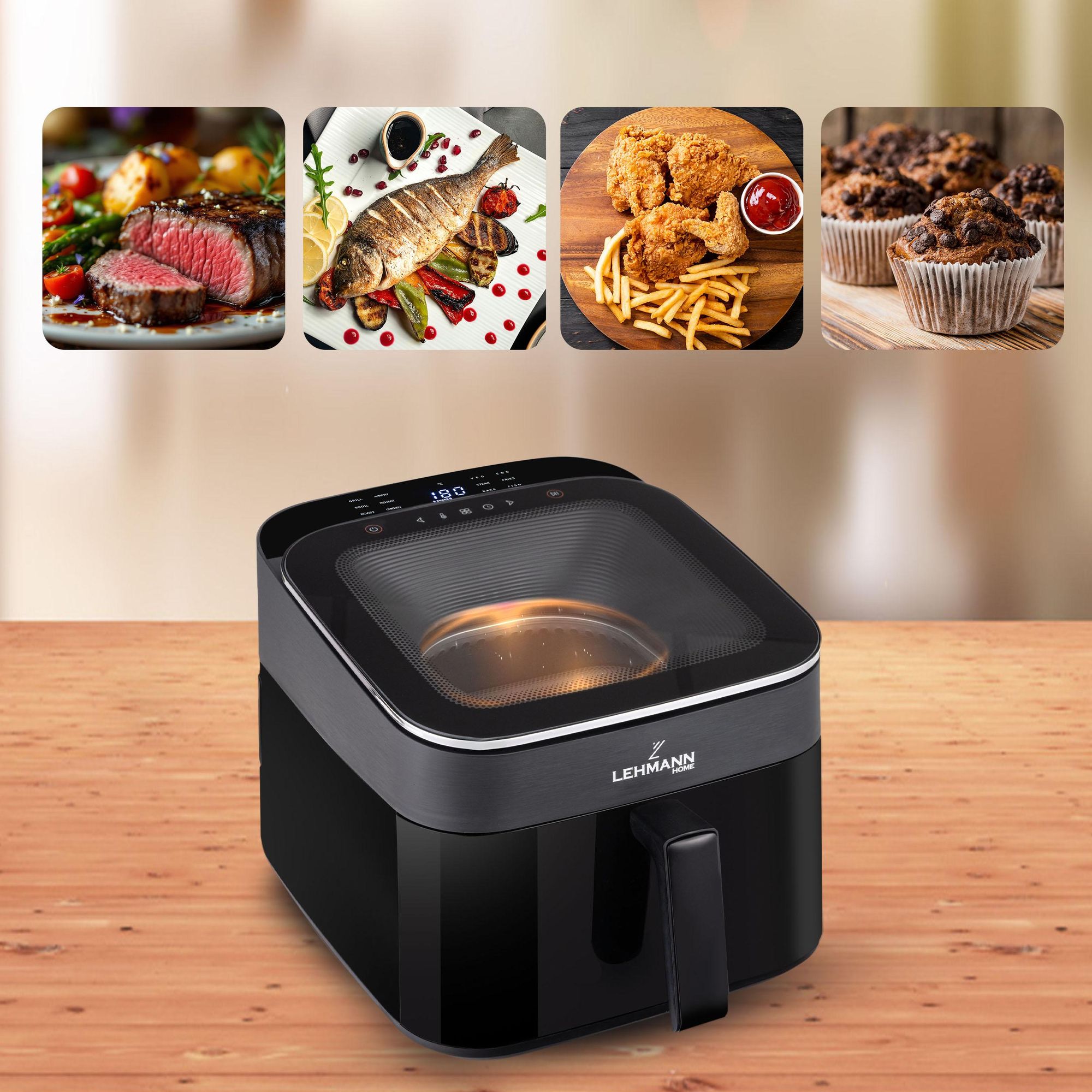 Frytkownica beztłuszczowa frytownica Airfryer LEHMANN TONALI z górnym okienkiem podglądu 6,5L, 1700W, panel z wyświetlaczem LED