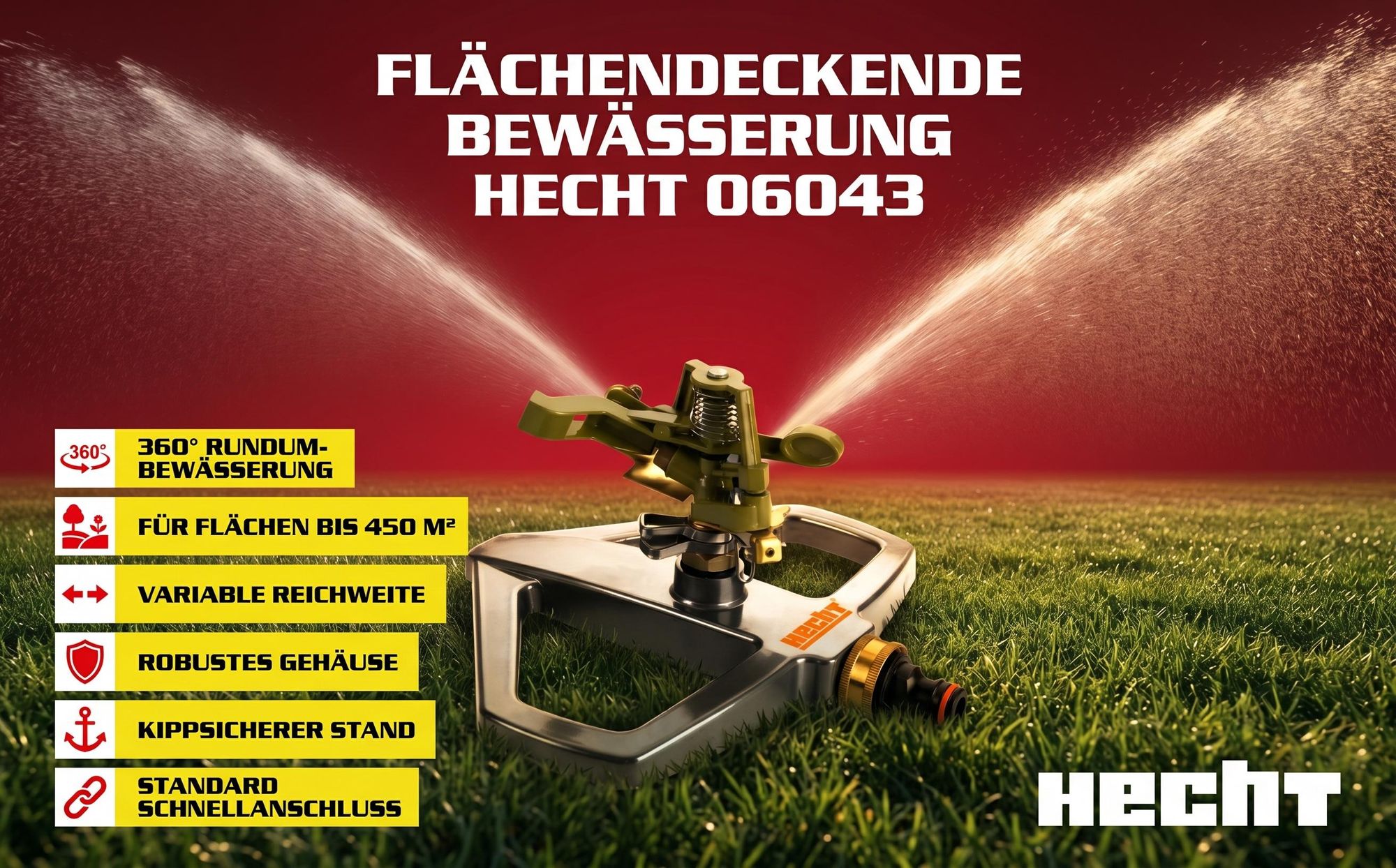 HECHT 06043 Rasensprenger Rasensprinkler | bis 450 m² | 0-360° schwenkbar |  Rostfrei