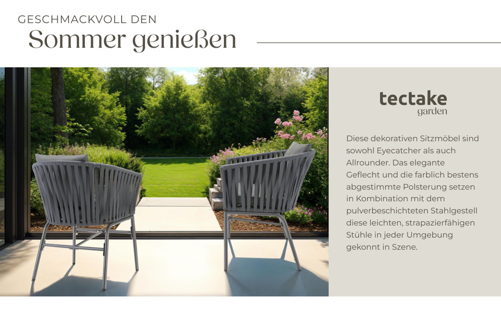 tectake® Stuhlset Valeiras im Rope-Design, dicke Polster, 60x61x77cm