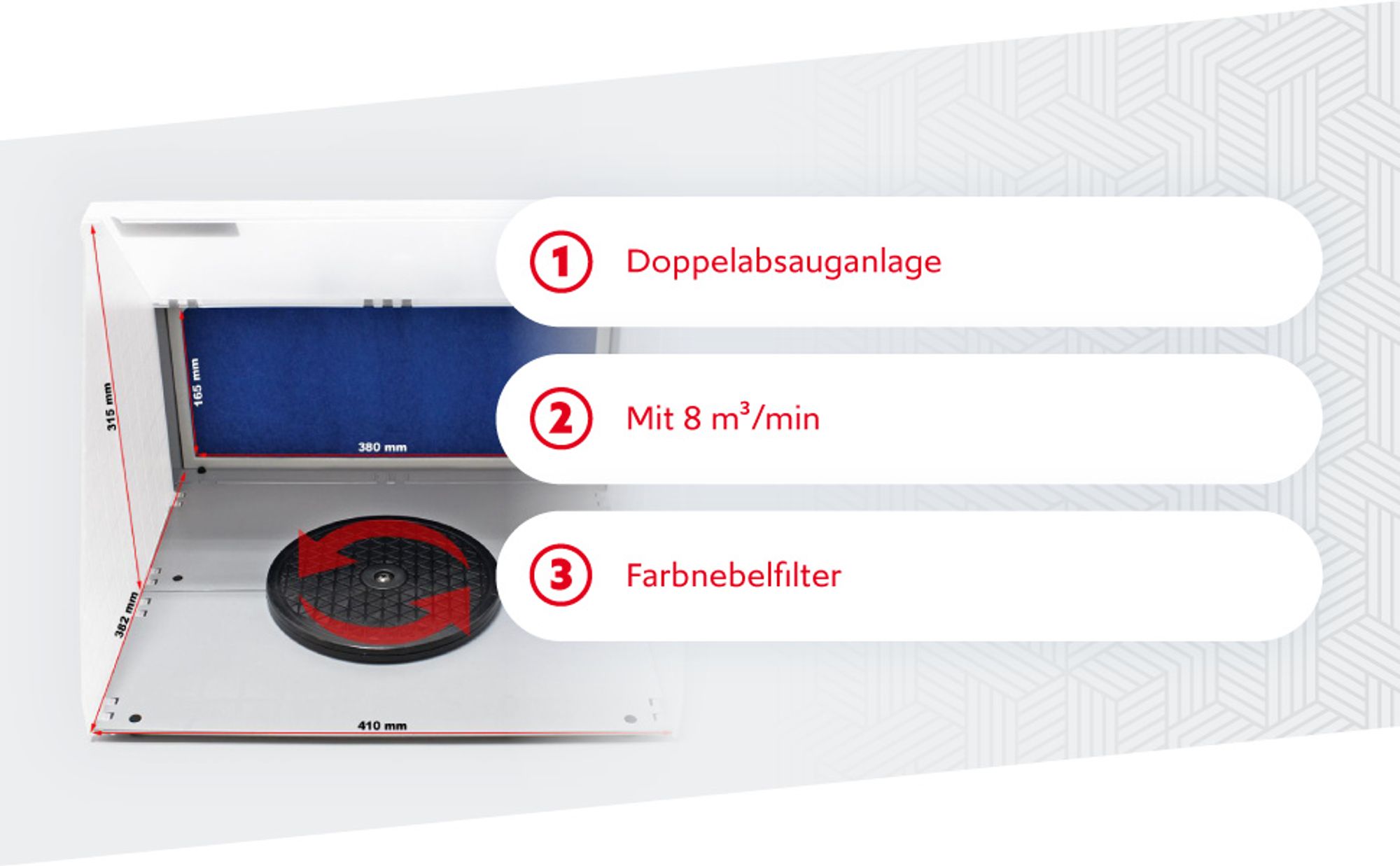 Wiltec Doppel Airbrush Absauganlage 8 m³/min, nur 52 dB, zur Absaugung von Farbe Farbnebel Sprühnebel, Filter erweiterbar, hochwertige Lackierkabine für Airbrush-Arbeiten