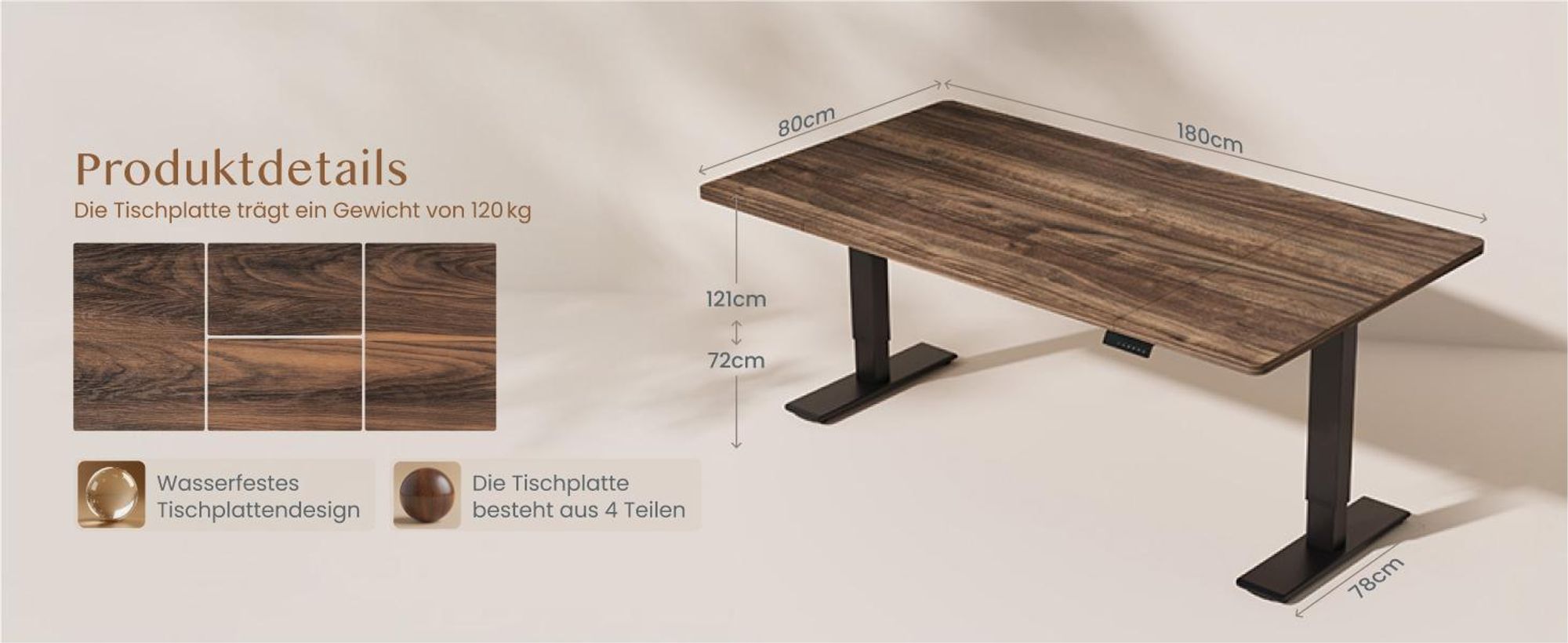 FLEXISPOT QB2 Höhenverstellbarer Schreibtisch Elektrisch 180x80cm, 2 STARKE MOTOREN, 120 kg Tragkraft, Antikollisionsschutz, 4 Memory-Funktion (Braun)