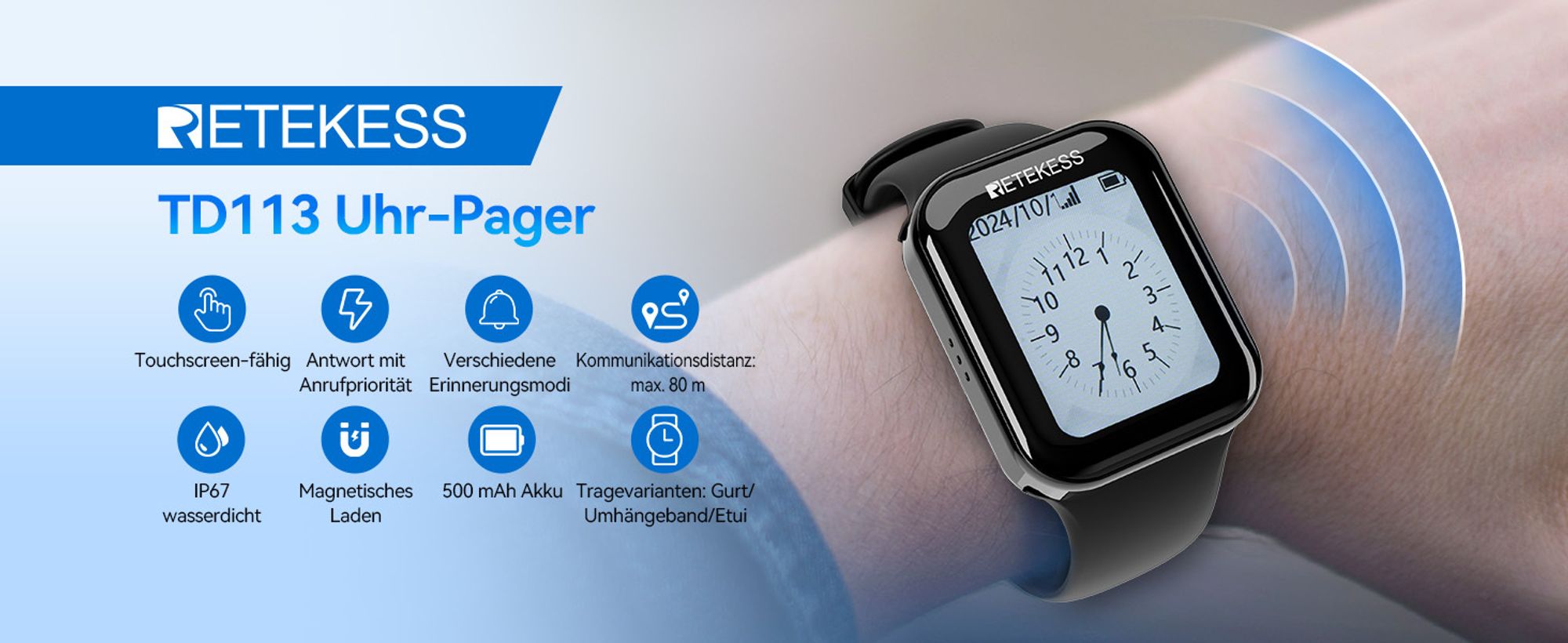Retekess TD113 Restaurant Pager System, Schwesternrufsystem, Einstellbare Lautstärke, Timeout-Einstellung, Touchscreen, Watch Receiver für Restaurant