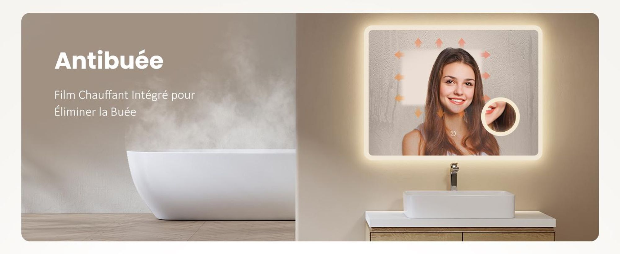 EMKE Miroir de salle de bain avec grossissement 3x Interrupteur tactile 3 couleurs de lumière Variable Antibuée 80X60cm