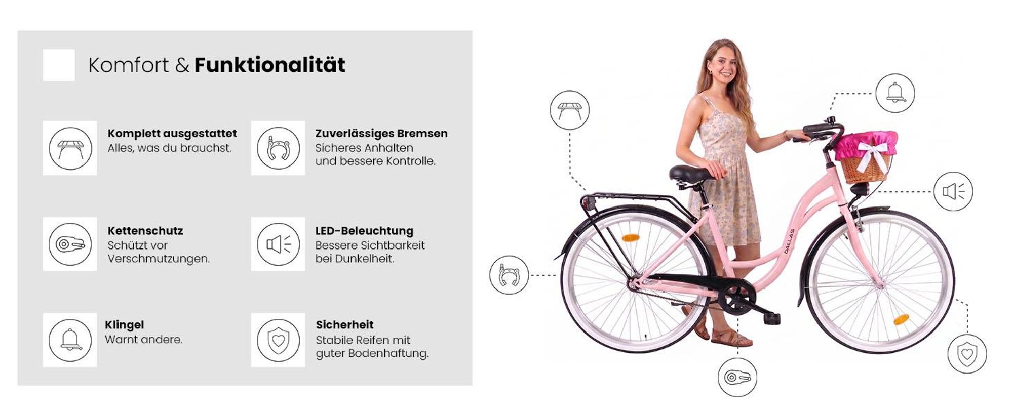 Dallas Bike Damenfahrrad 28 Zoll - Mit Weidenkorb - 1-Gang Rücktritt - Rahmen M 18" - Rosa-Schwarz