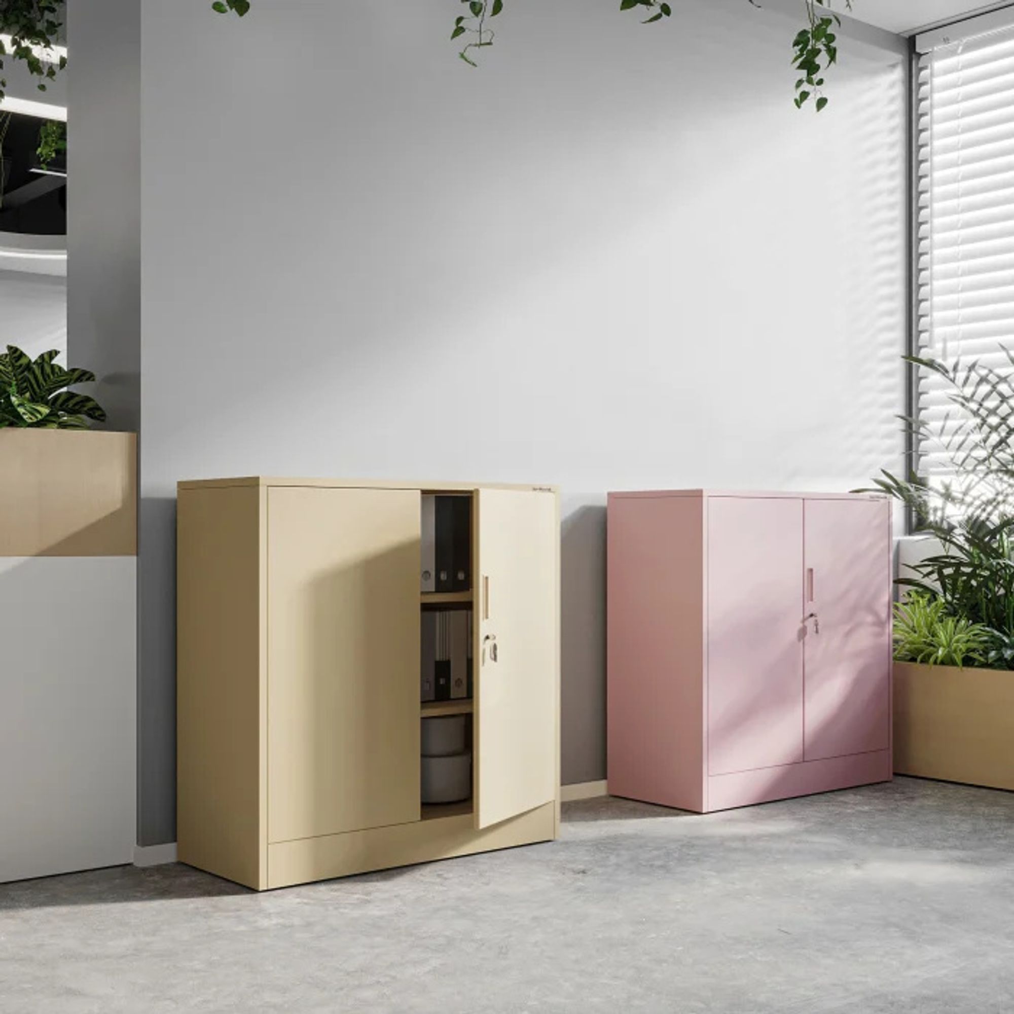 Kleiner Aktenschrank C001B Büroschrank mit Flügeltüren Metallschrank Lagerschrank Pulverbeschichtet Stahlblech Abschließbar 92,5 x 90 x 40 cm, Farbe: Rosa