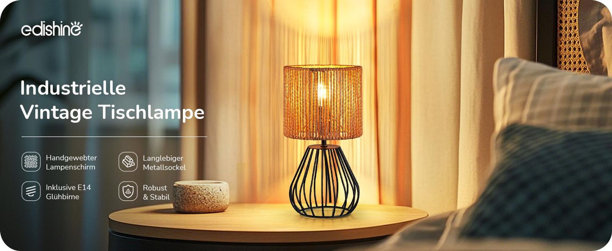 EDISHINE Tischlampe Wohzimmer, Boho Tischlampe mit Papierseil-Schirm, Schwarz