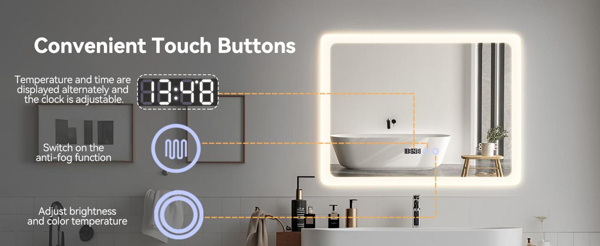 Puluomis badspiegel met verlichting, anti-condens, 70x50 cm, met klok en temperatuur. Badkamerspiegel met LED-verlichting, 6500K, dimbaar, spatwaterdicht