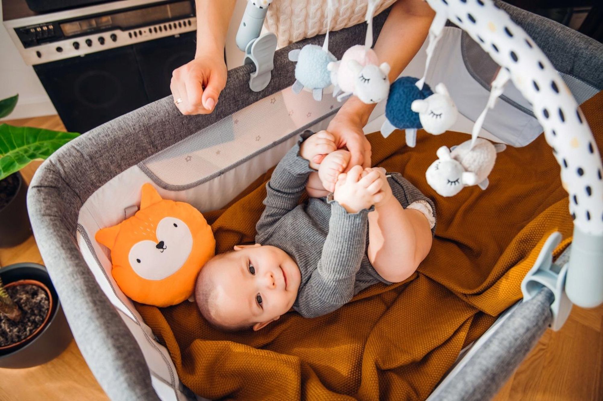 MoMi JOY - Spielbögen für Baby - Spielzeuge- Mobile Tiere - für Kinderwagen, Kinderbett, Buggy