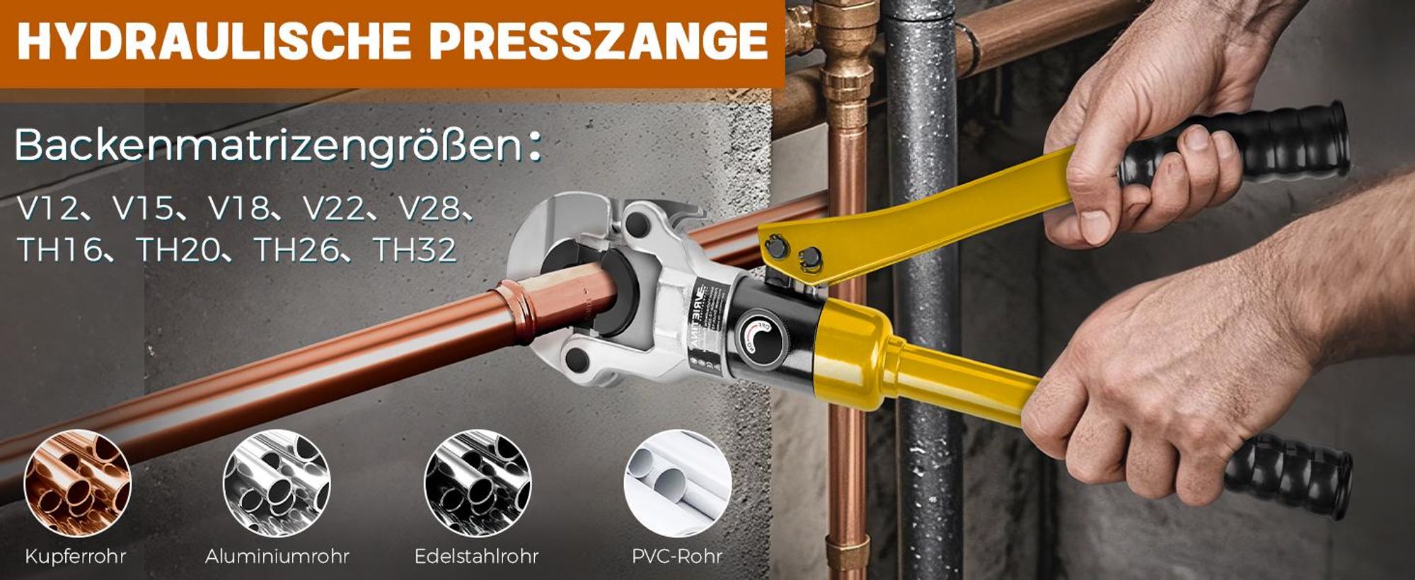 Profi Presszange V-Kontur TH-Kontur für Kupferrohr Edelstahlrohr Verbundrohr, Handpresszange, Hydraulik-Crimpzange Backeneinsätze mit TH16-32 & V12-28