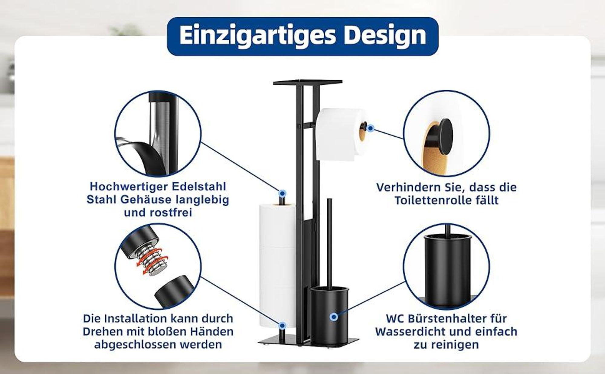Toilettenpapierhalter, Klopapierhalter, 4-in-1 WC-Rollenhalter, stehender Ersatzrollenhalt, mit Tablett, WC Bürste, Klorollenhalter