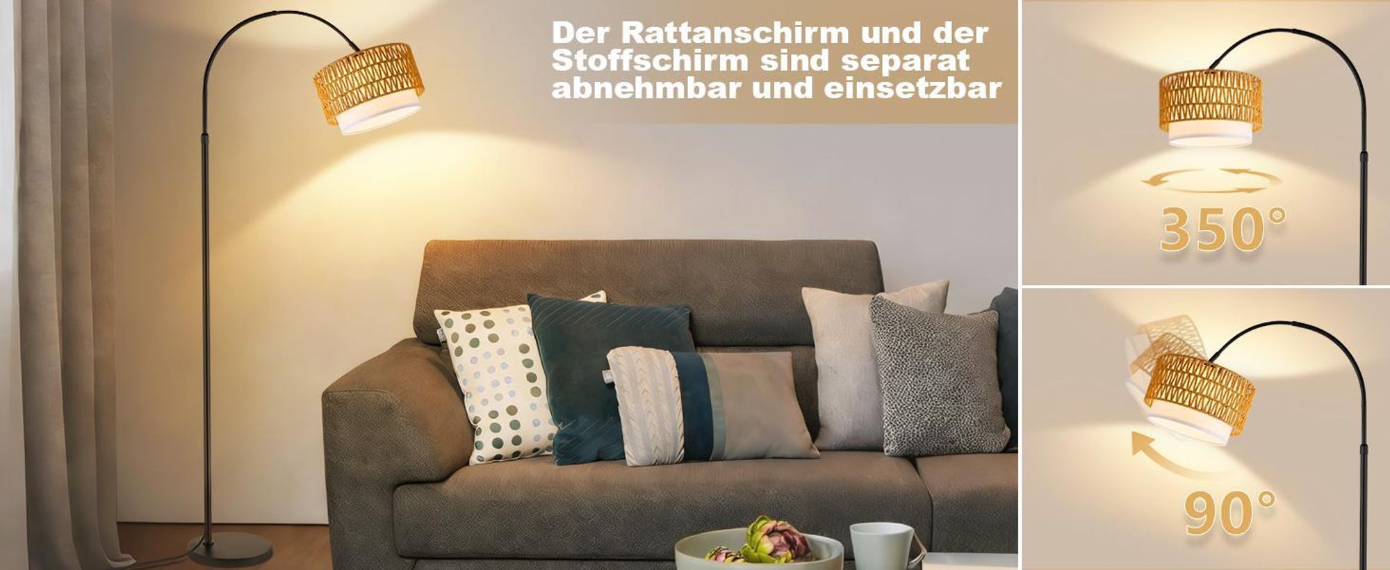 ZMH Lampa stojąca LED Boho Rattan Łukowa lampa do czytania ściemnialne oświetlenie stojące pilot E27 350° obrotowa do sypialni biura Czarna