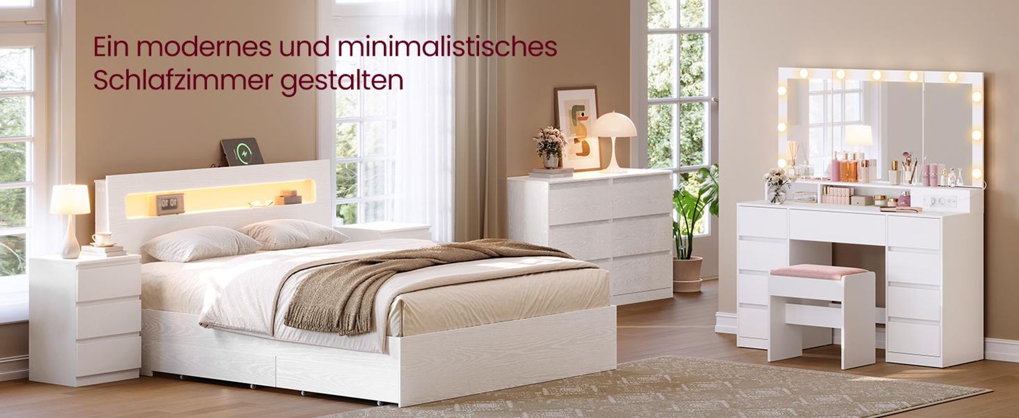 VASAGLE Schminktisch mit LED-Beleuchtung, Frisiertisch mit Klappspiegel, Schubladen, Steckdosen, einstellbare Lichtfarben, weiß