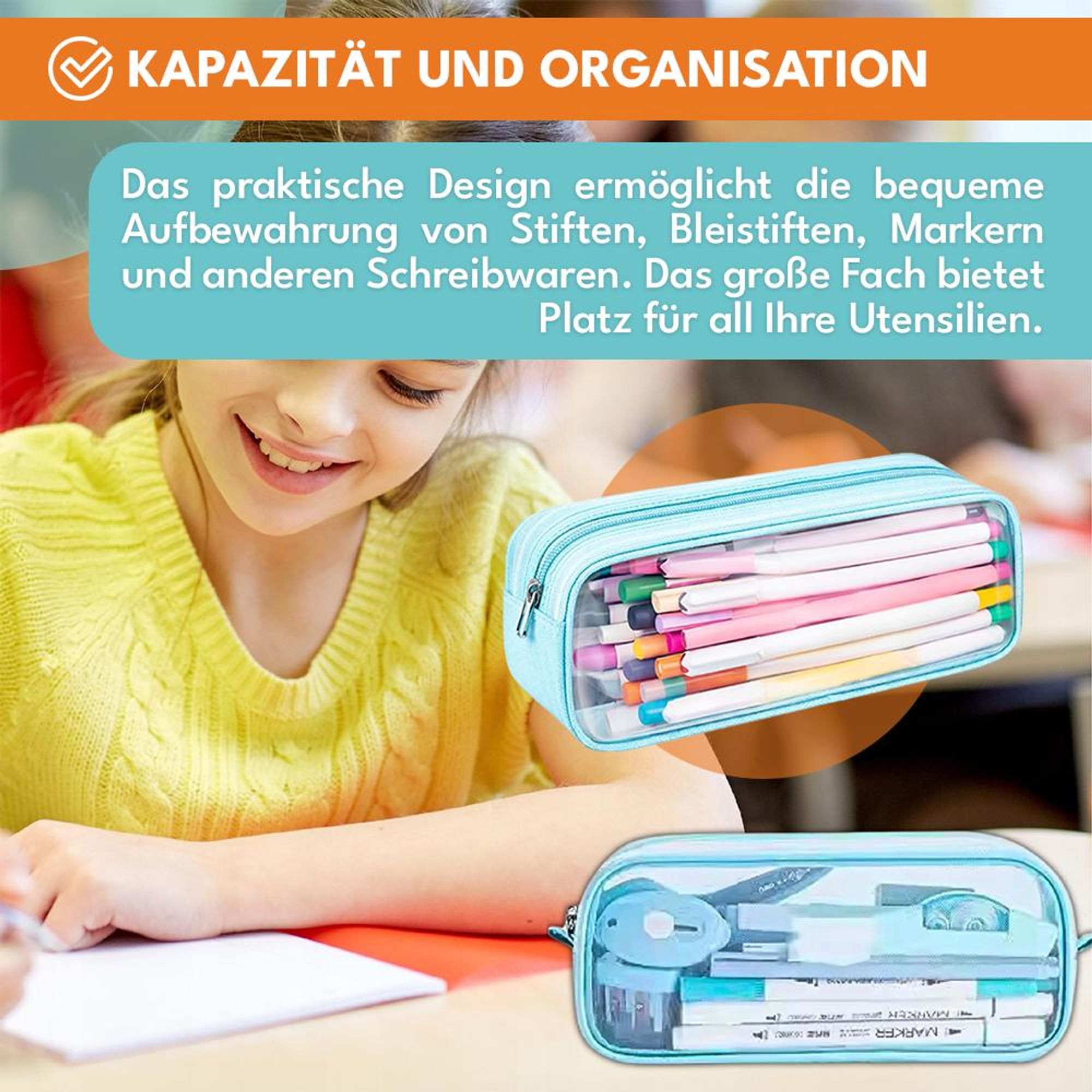 KRUMAD Transparentes Federmäppchen, Großes Etui für Stifte, Schulsachen, Kosmetiktasche, Leicht, Wasserabweisend, Hellblau, 23 x 10 x 6,5 cm