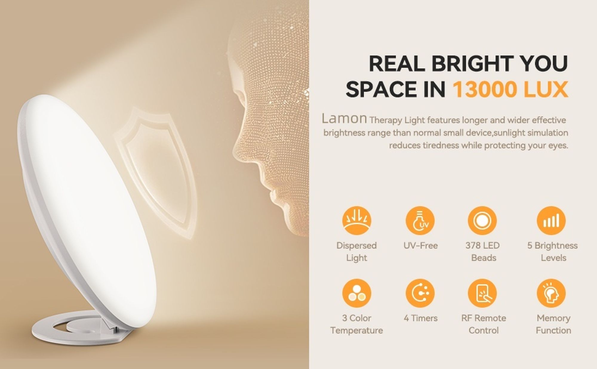 Ferngesteuerte Phototherapielampe, 13.000 Lux, UV-freie LED-Leuchtstofflampe, 5 Helligkeitsstufen/3 Farbtemperaturen/4 Timer, mit Memory-Funktion