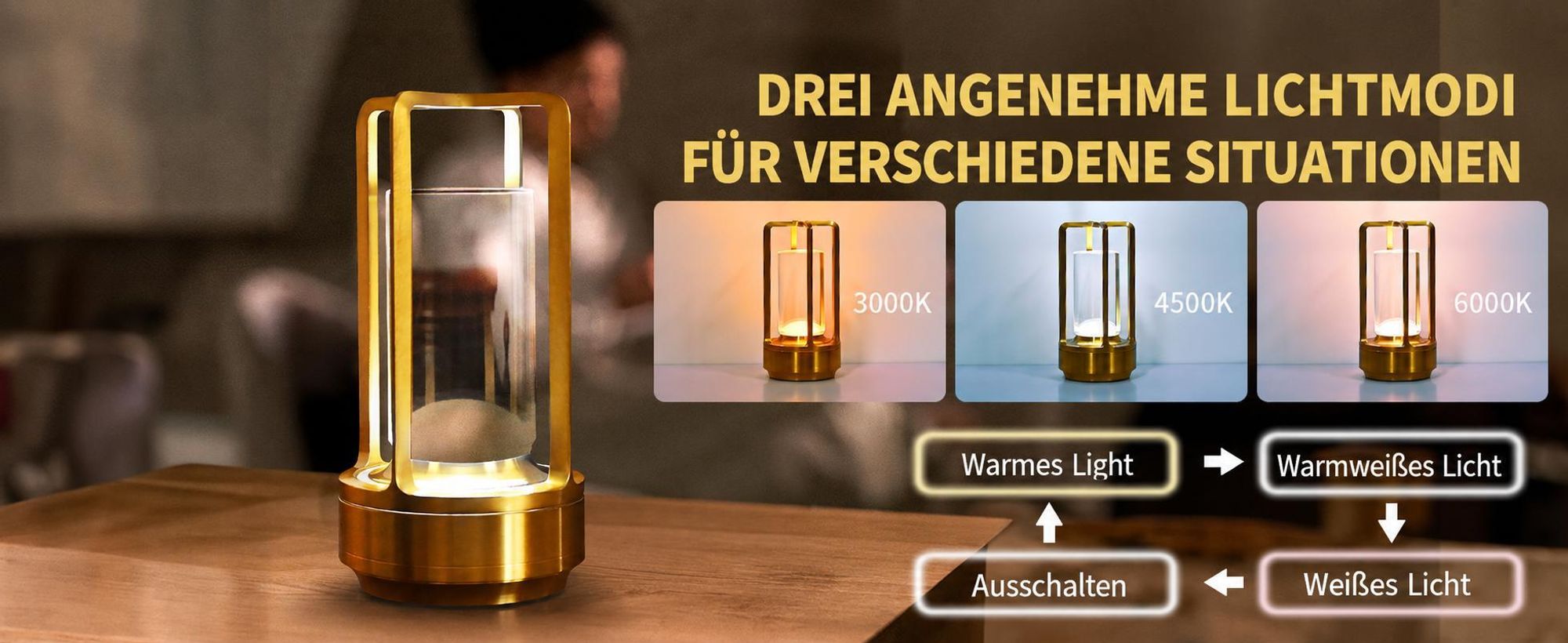 Tragbare Metall-Tischlampe für Innen/Außen, Wiederaufladbare Kabellose LED-Lampe, 3-Farben Stufenlos Dimmbar, Restaurant/Schlafzimmer/Bar/Campinglicht