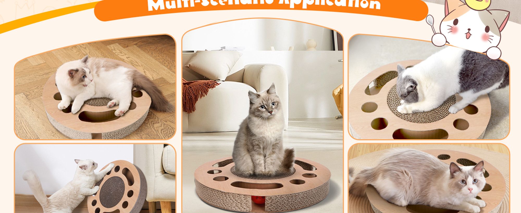 Kratzbrett Katze mit 2 Klingelballs, 3 in 1 Kratzpappe für Katzen Rund,Katzen kratzbrett mit Minze