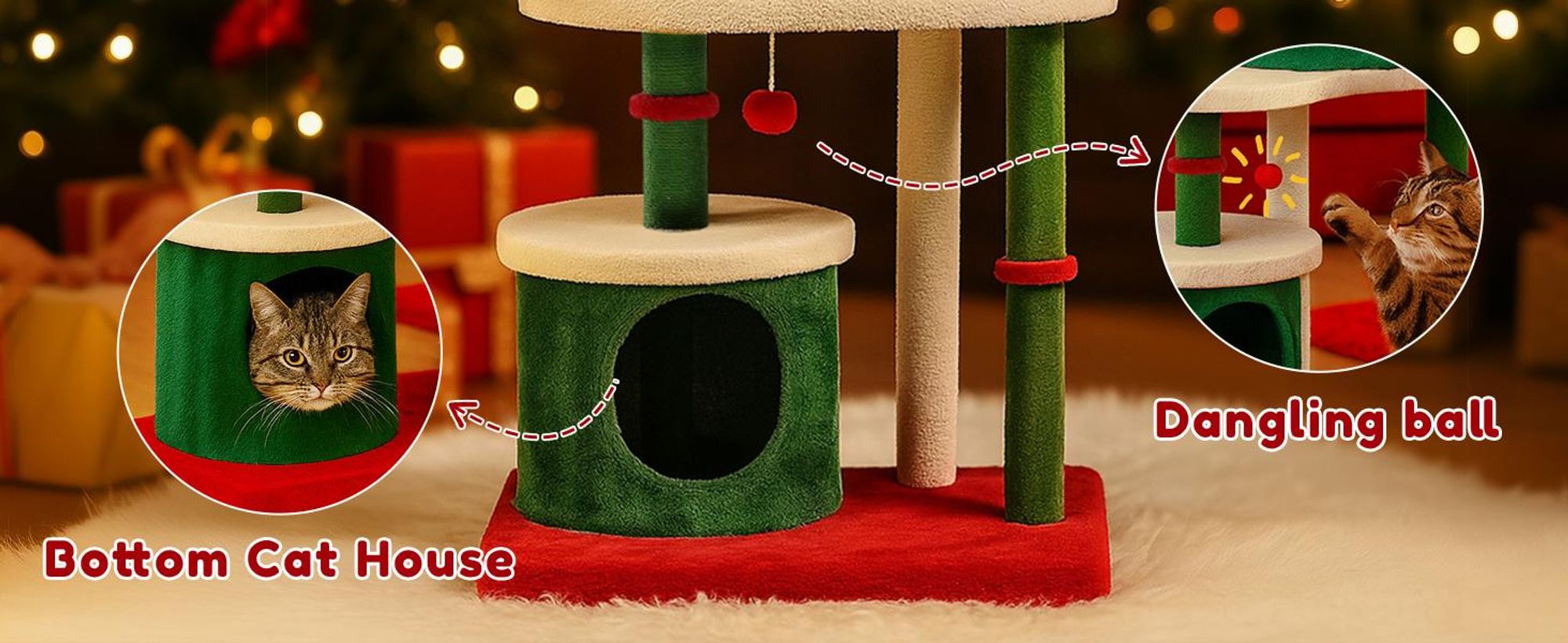 COMHOMA tiragraffi con design ad albero di Natale 123 cm, stabile torre per gatti ad albero con tiragraffi, casa per gatti a più piani con piattaforme e palla da gioco