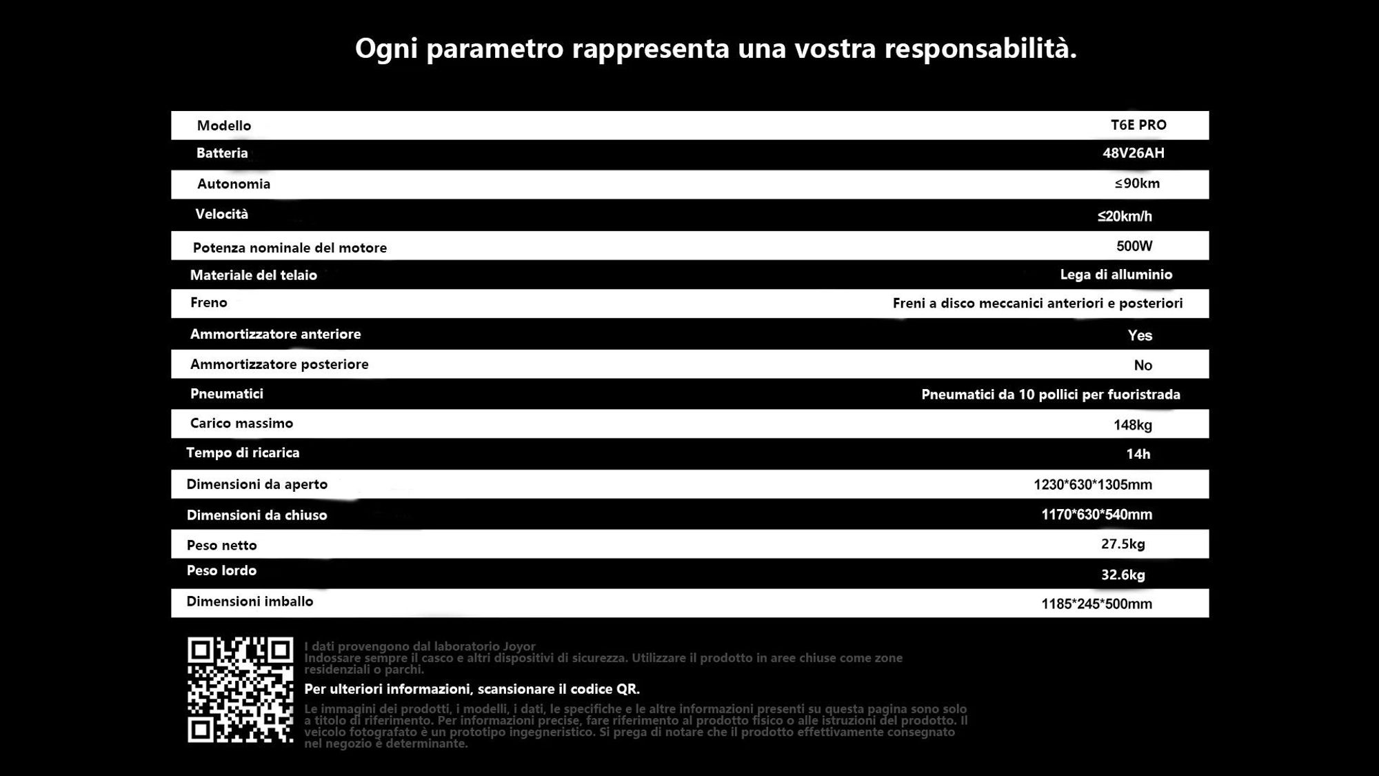 JOYOR T6E PRO Scooter elettrico pieghevole  ABE - Motore 500W Batteria 48V26AH Pneumatici off-road 10" - Nero