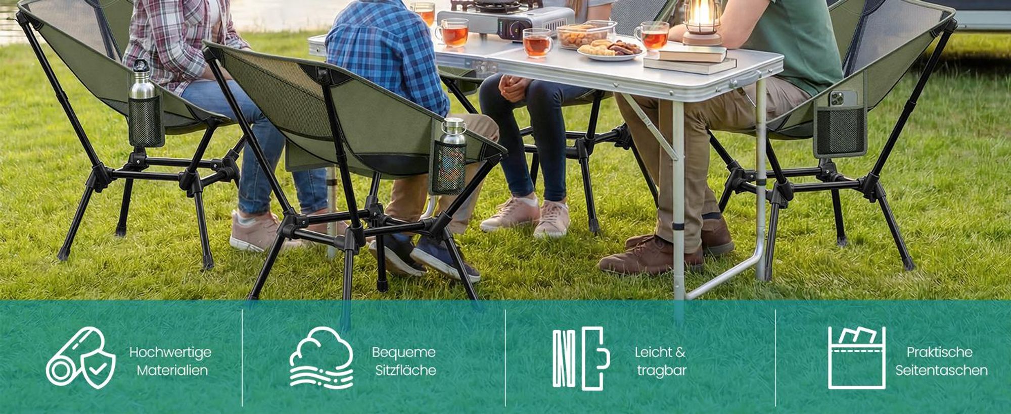 SONGMICS Campingstuhl höhenverstellbar, Klappstuhl mit Stahlrahmen, 2 Aufbewahrungstaschen, Outdoor, grün