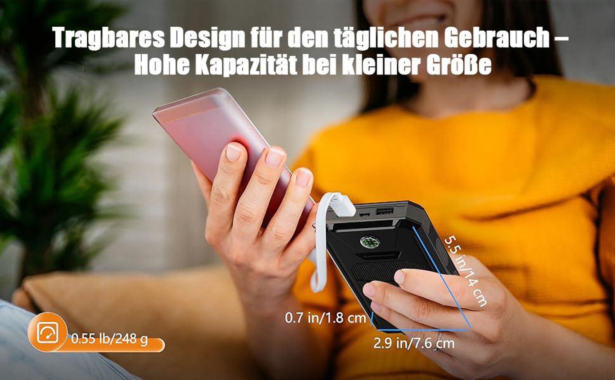Solar Powerbank, 30.000 mAh Solar-Ladegerät, Tragbares Ladegerät, Externer Akku, mit USB C und Micro USB Eingang, Taschenlampe