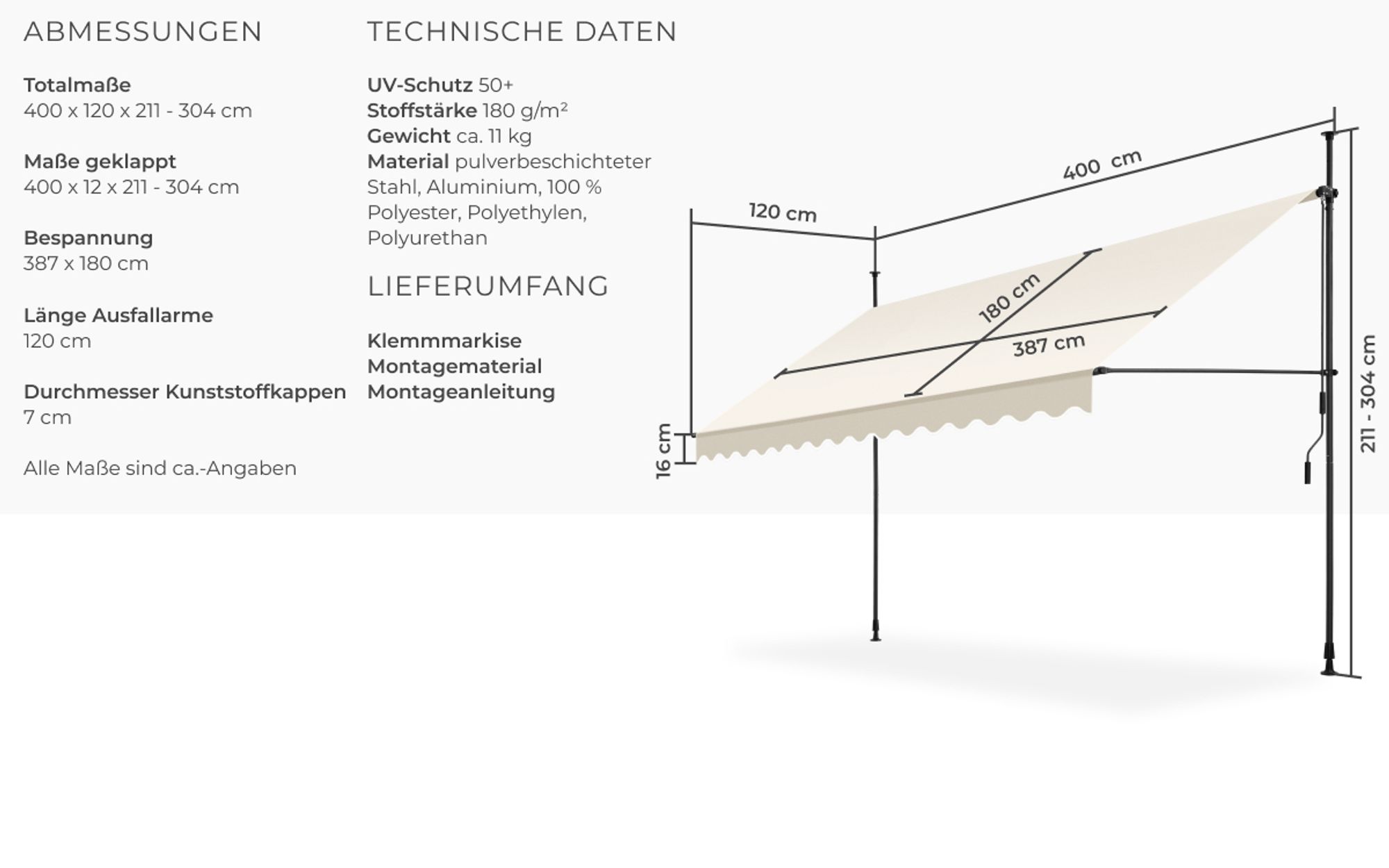 tectake® Klemmmarkise mit Handkurbel einfache Montage
