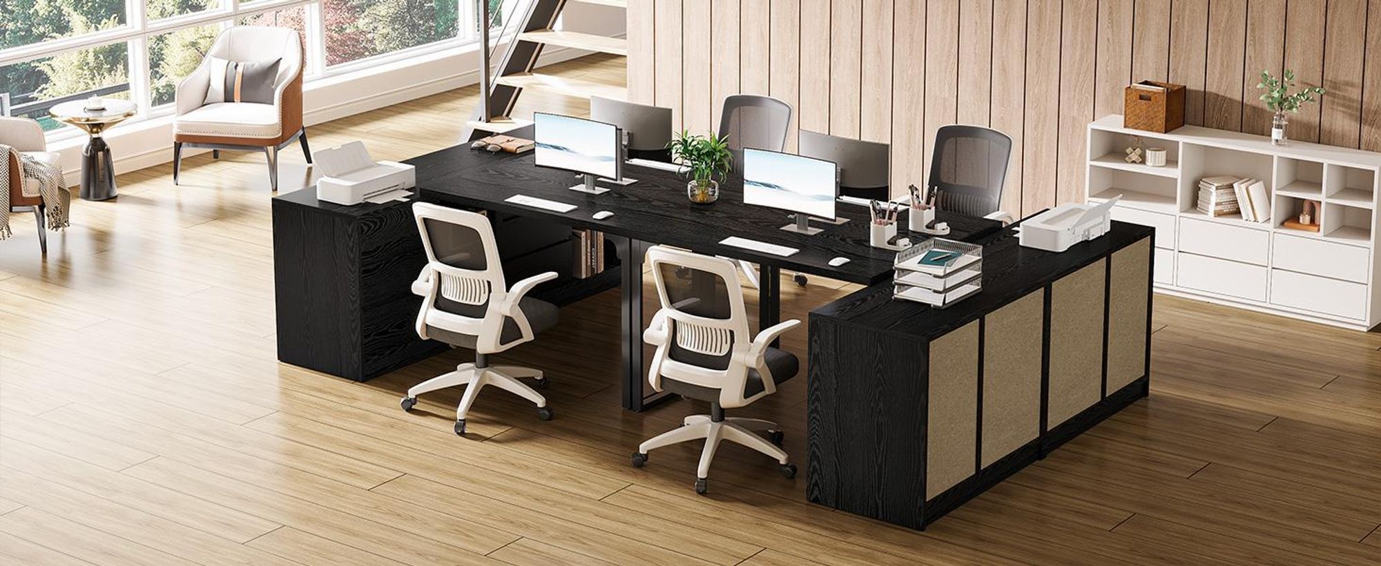 Tribesigns L-förmiger Schreibtisch, mit Schubladen und Regalen, Wendbarer Eckschreibtisch mit Aufbewahrungsschrank, Moderner Tisch Homeoffice, Schwarz