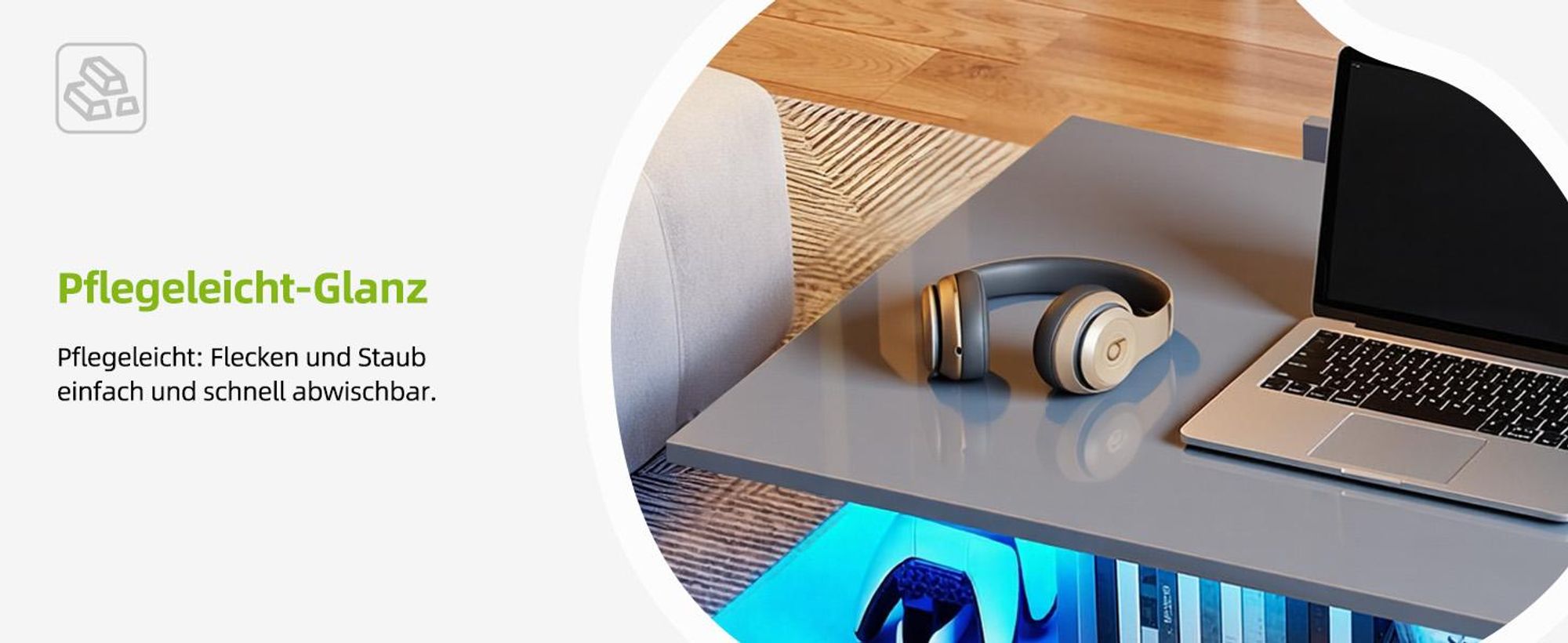 Couchtisch Wohnzimmertisch, Sofatisch mit 4 Schubladen und 16-Farben LED Beleuchtung, 95 × 55 × 41 cm, Grau