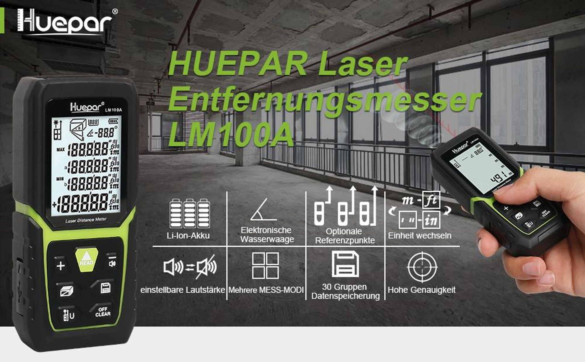 Huepar LM100A Laser-Entfernungsmesser 100m, Li-Ion Akku, Winkelsensor, IP54