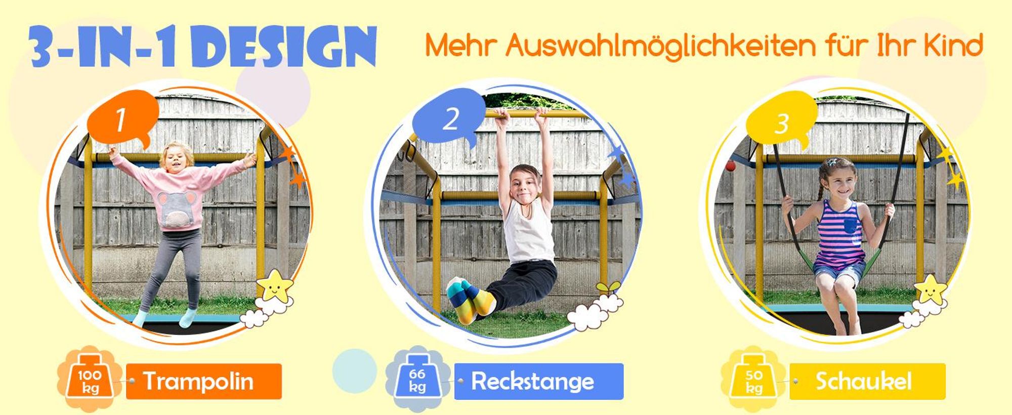 COSTWAY 3 in 1 Kindertrampolin, Gartentrampolin rechteckig mit Schaukel, Reckstange, Fitness Trampolin mit Sicherheitsnetz & Randabdeckung, Indoor-/Outdoortrampolin 190 x 124 x 172 cm Blau + Orange
