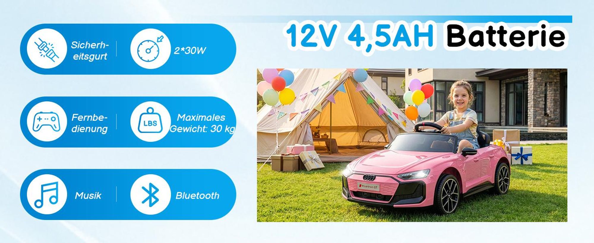 Kinder-Elektroauto 12V 4,5Ah, 2 Geschwindigkeitsstufen, 2,4G-Fernbedienung, geeignet für Kinder von 3 bis 5 Jahren, Audi RS e-tron GT, Rosa