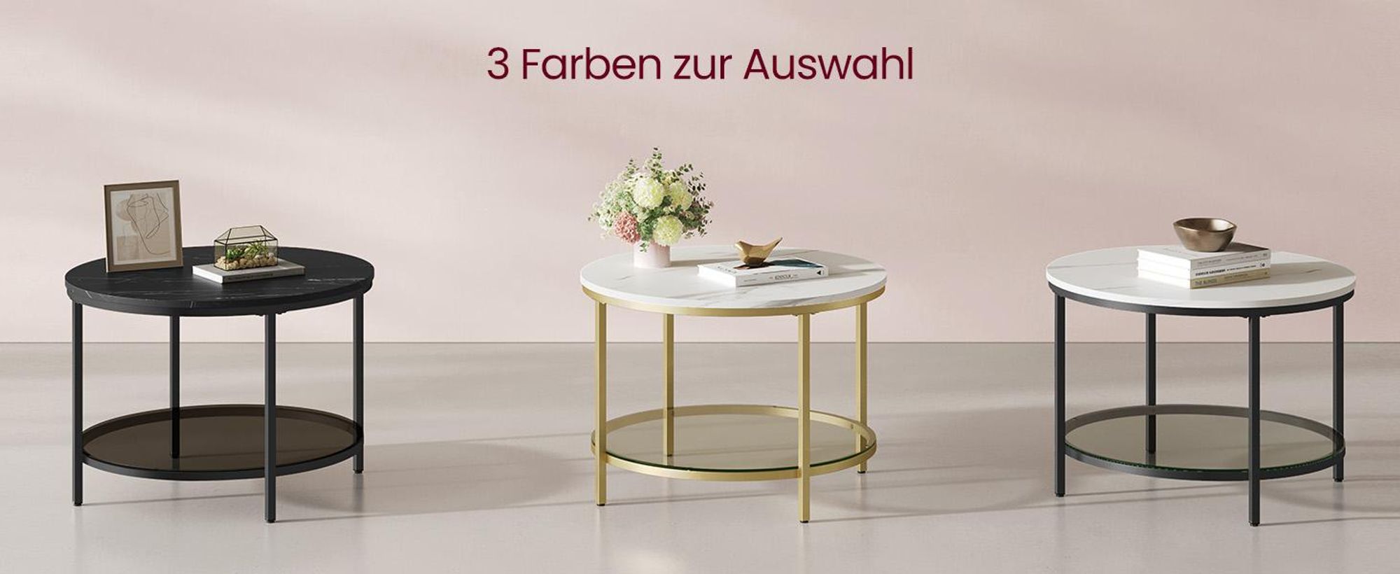 VASAGLE Couchtisch, Wohnzimmertisch, 65 x 46 cm (Ø x H), Marmorweiß-Helles Gold