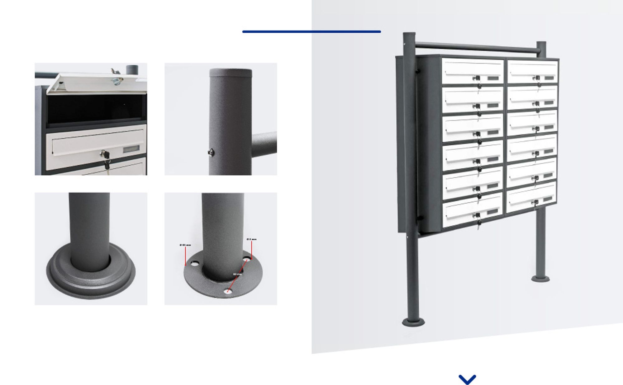 Wiltec 12er Briefkastenanlage Weiß/Anthrazit 945 x 270 x 1500 mm, Standbriefkasten mit 2x6 Fächern, Schlüssel und Namensschild, Briefkasten Postkasten mit Ständer