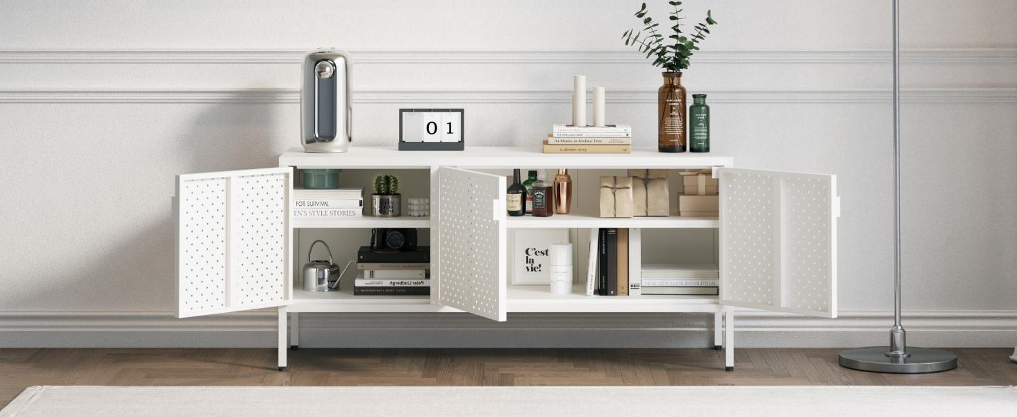 FLEXISPOT TV Schrank Metall – Sideboard mit Lüftungslöchern, 3 Türen & verstellbaren Füßen für Wohnzimmer, Büro, Schlafzimmer, 118x39x55 cm, Weiß