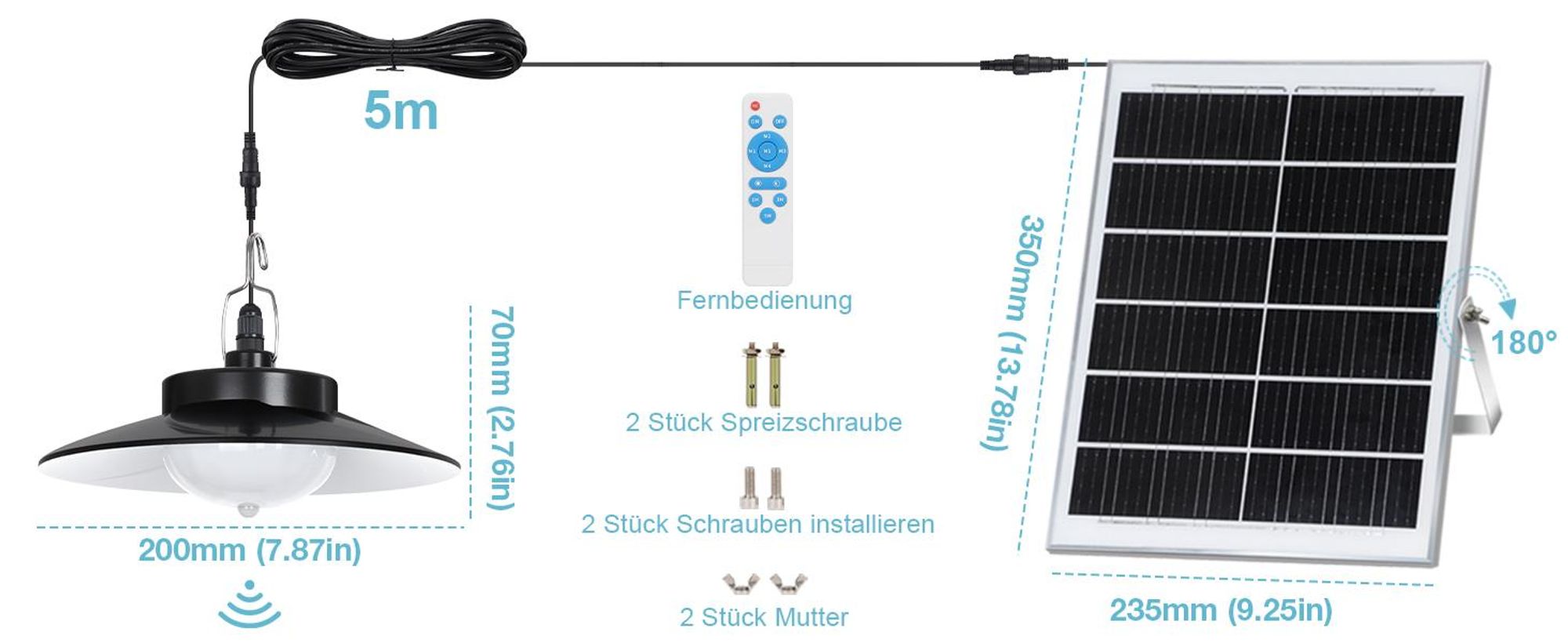 Außen Solarlampe 5 Beleuchtungsmodi mit Bewegungssensor und Fernbedienung Wasserdicht Solar Pendelleuchte Solarleuchte, Weiß, 1 Lampe