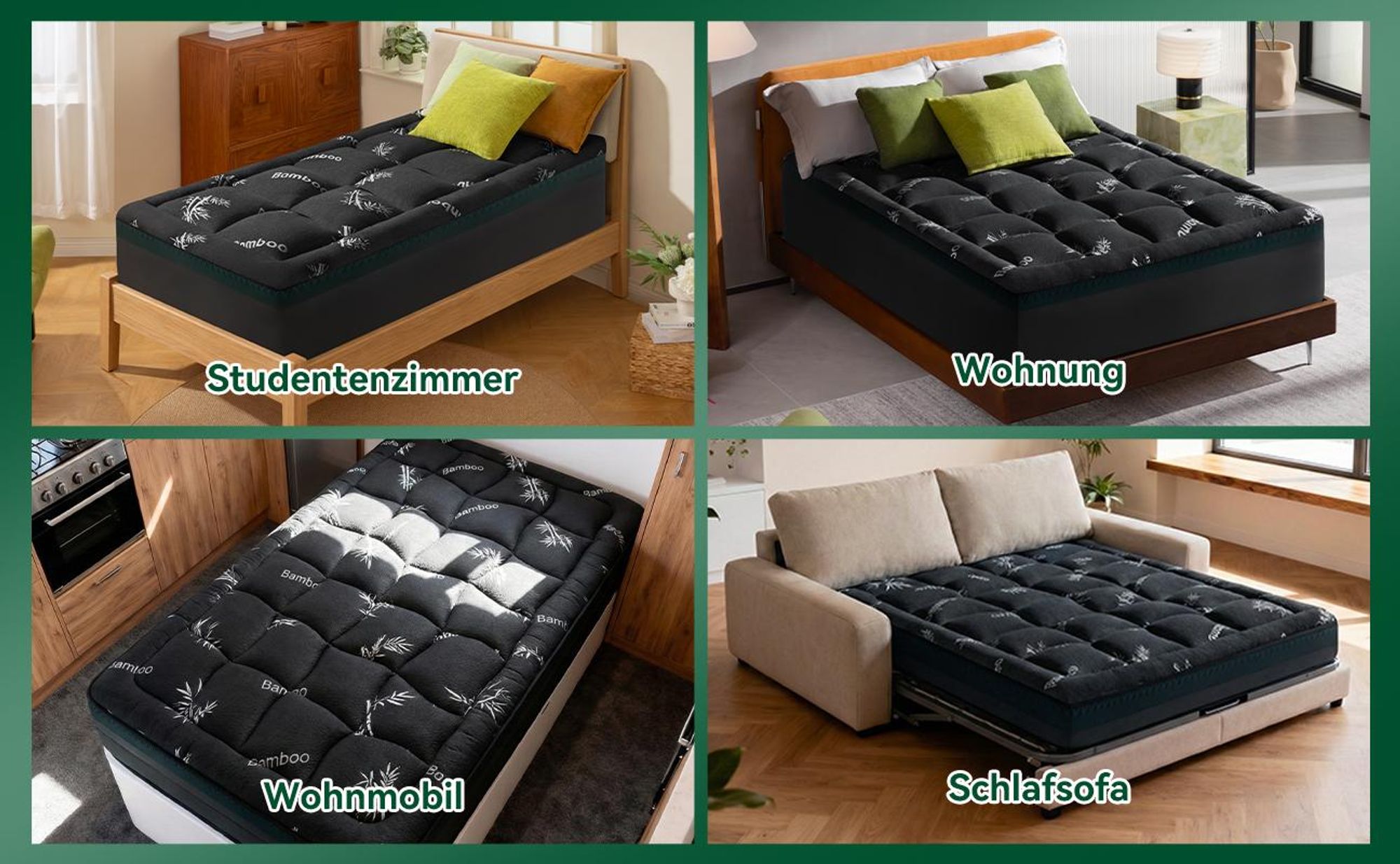 NicePlus 2-in-1 Topper, 120x200X7cm, 5-Zonen Memory Foam + Bambus-Pillow-Top, mit Eckgummis für alle Matratzen, H2/H3, Schwarz