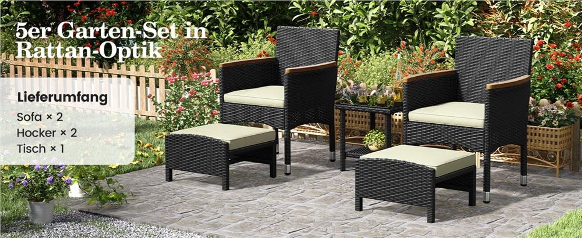 Yaheetech 5er Gartenmöbel Set, aus Rattan, inkl. 2 Einzelsofas & 2 Fußhocker & 1 Kaffeetisch, Balkonmöbel Terassenmöbel, Schwarz & Beige