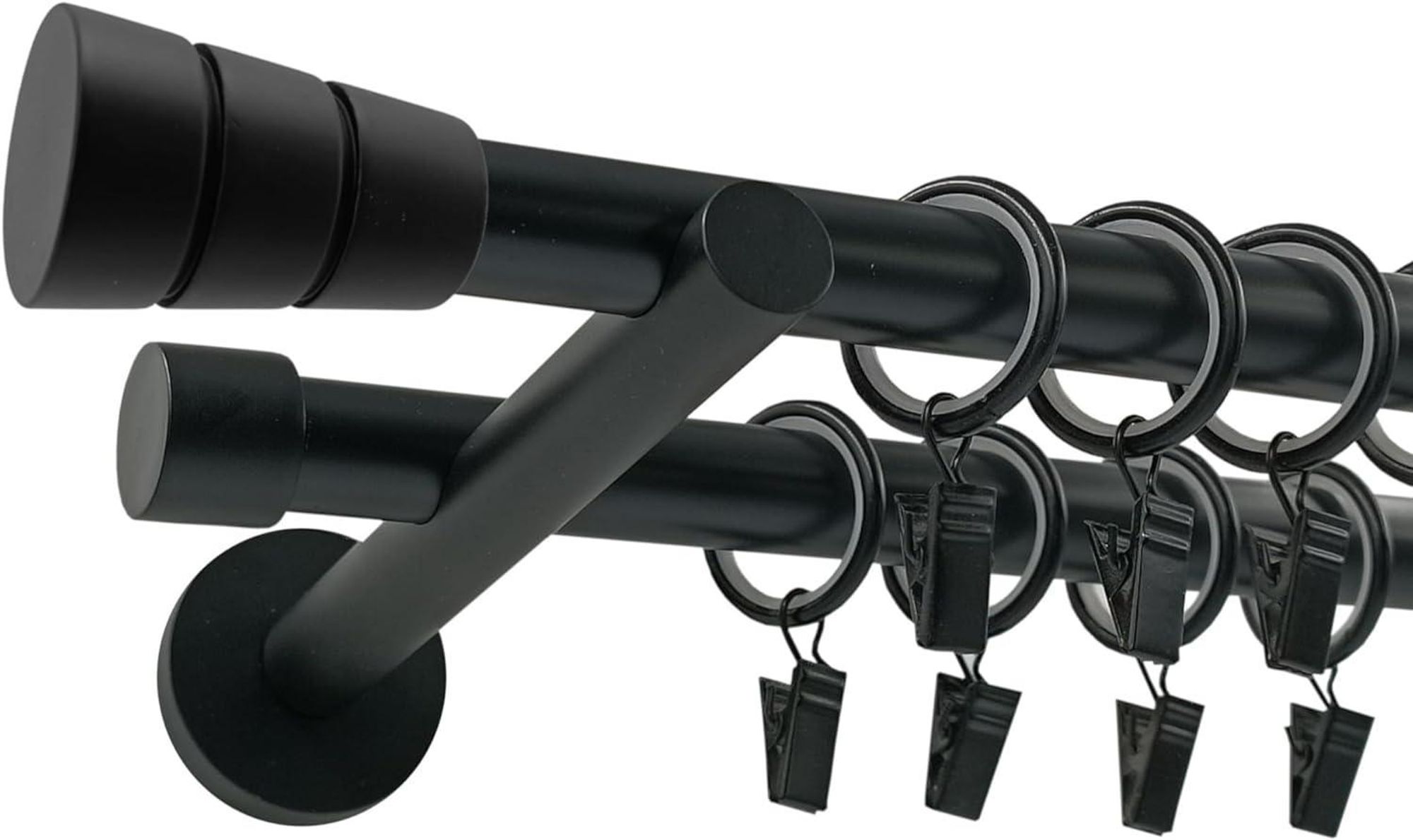 Techno 400 cm Doppelte Gardinenstange Schwarz 19 mm aus Metall mit Endstück Basic Komplettset mit Ringen und Clips Inklusive Montagezubehörset