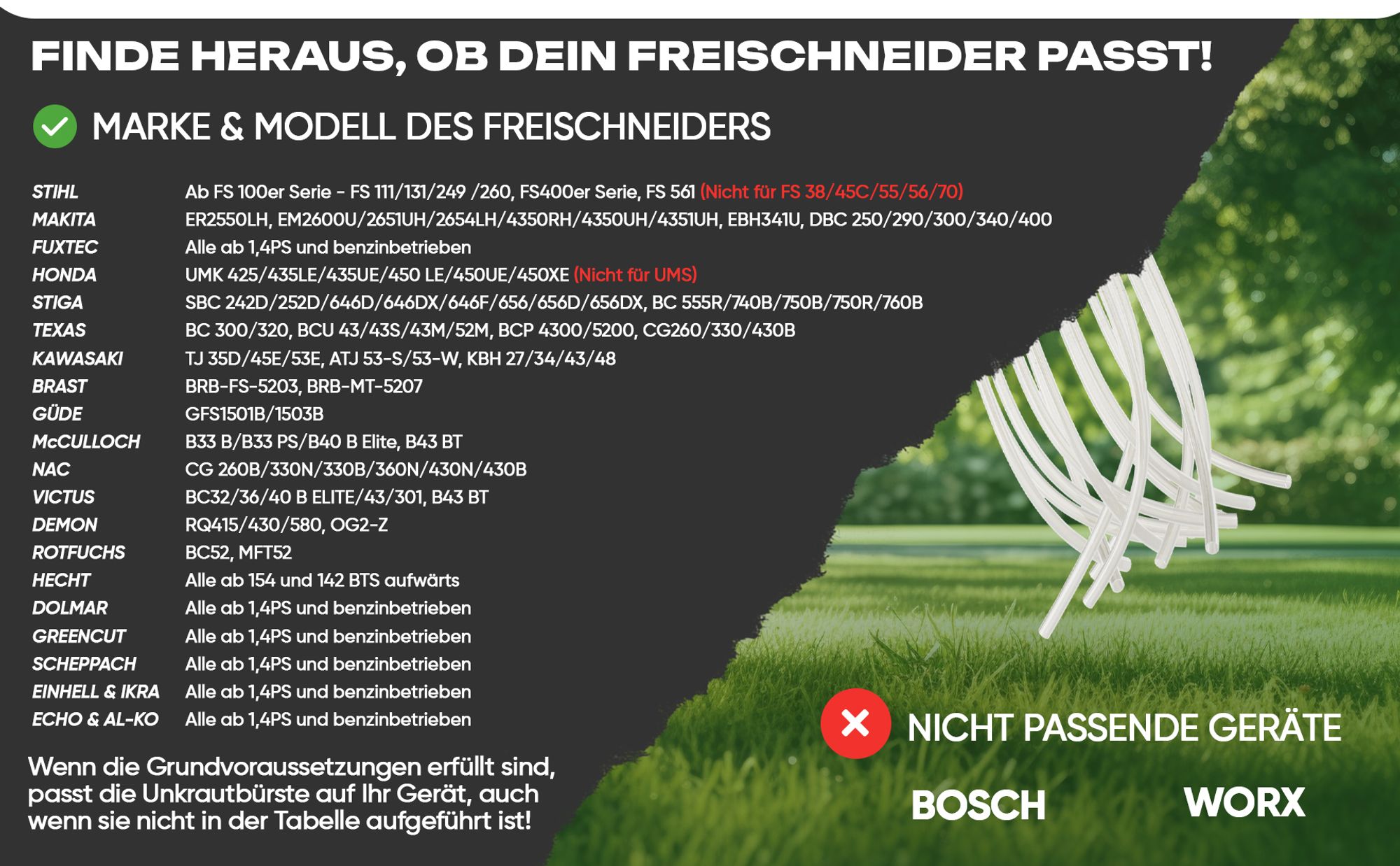 Mähen & Pflaster reinigen,Unkrautbürste Nylonbürste Wildkrautbürste für Motorsense + Montageset,2in1 Unkrautbürste Freischneider