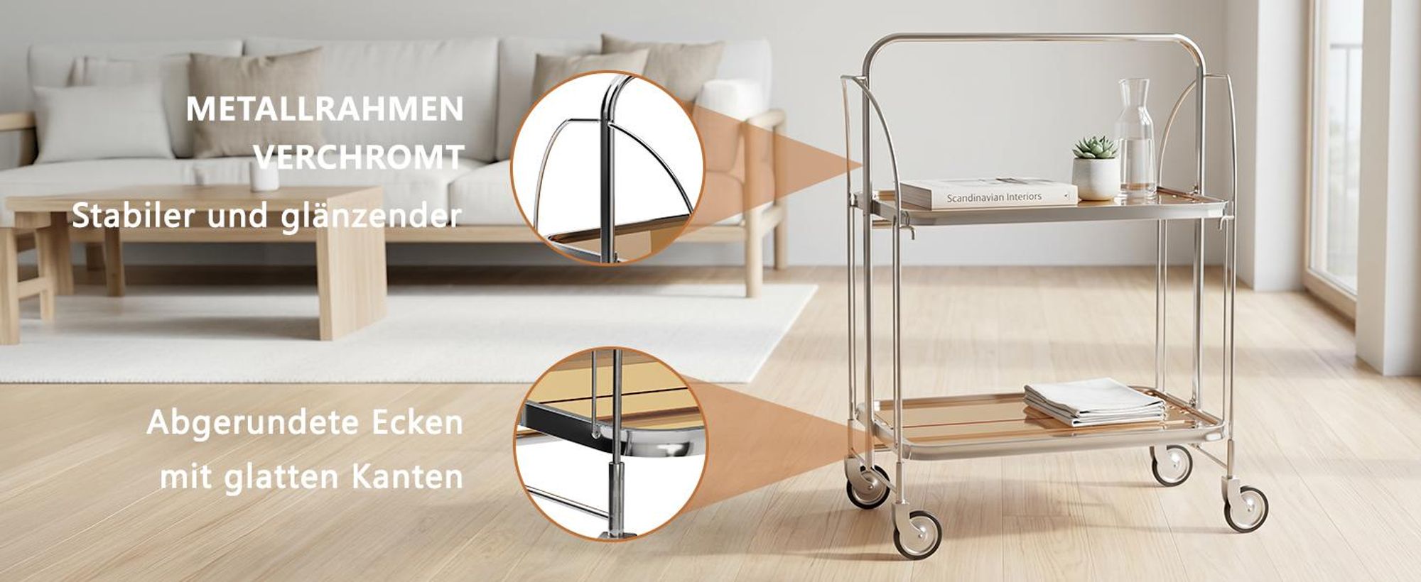 Servierwagen aus Edelstahl mit 2 Glasablagen, 68 × 40 × 80 cm, klappbarer Küchenwagen mit Rollen für Gastronomie, Restaurant und Hotel