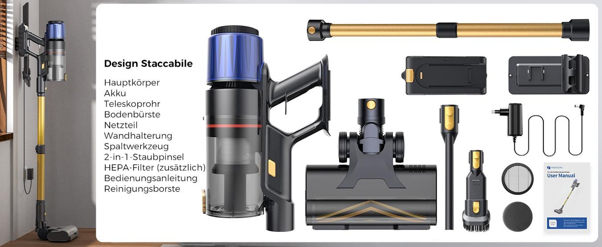 PROSCENIC Handstaubsauger, leistungsstarker Staubsauger mit 60 kPa, 580W, 70 Min, Grüne LED-Scheinwerfer, 1,5L Staubbehälter, Leichtes Rauschen