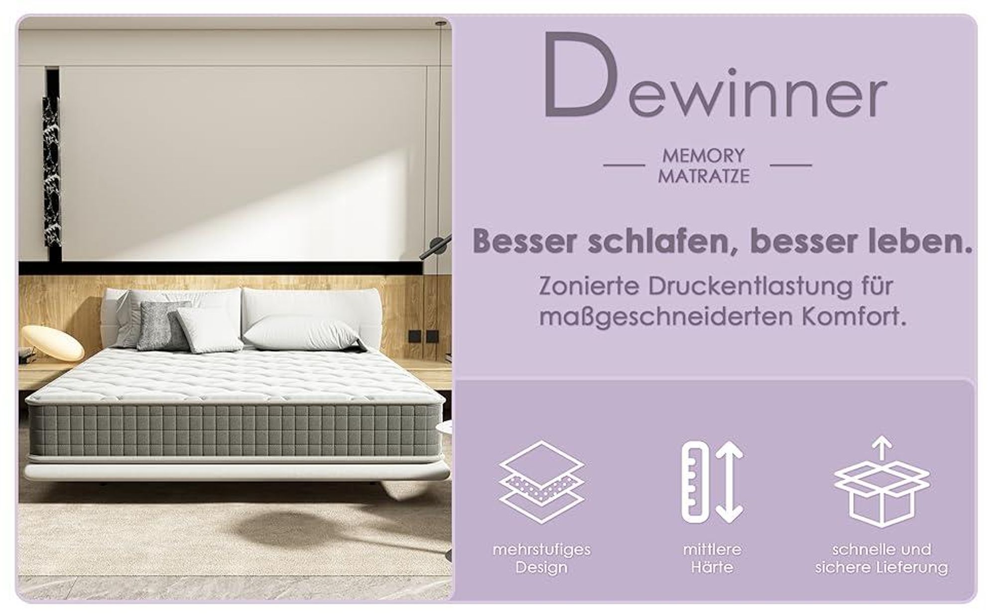 DEWINNER Matratze 140x200, Höhe 25 cm, Schaumstoffmatratze, perfekte Unterstützung, hohe Elastizität, Wendematratze, beidseitig verwendbar