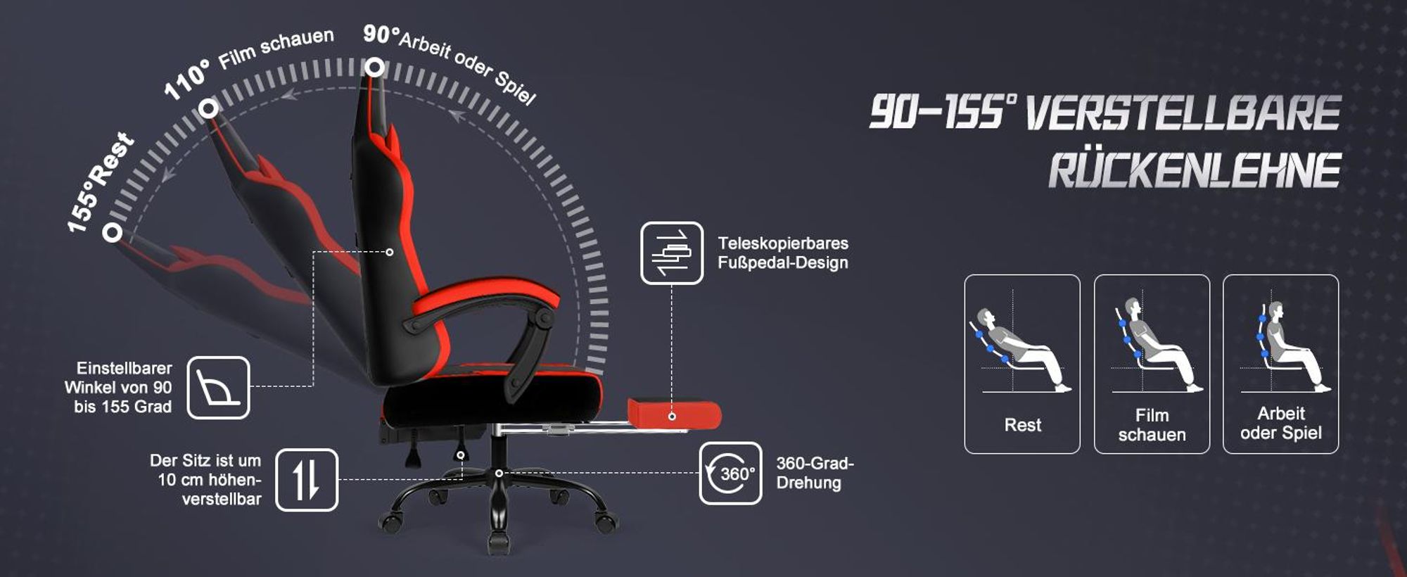 Aiibot Gaming Stuhl, Ergonomischer Gaming Sessel,Schreibtischstuhl,Gamingstuhl mit Fußstütze,Gaming stuhl 150 kg,verstellbare Rückenlehne,Schwarz/Rot