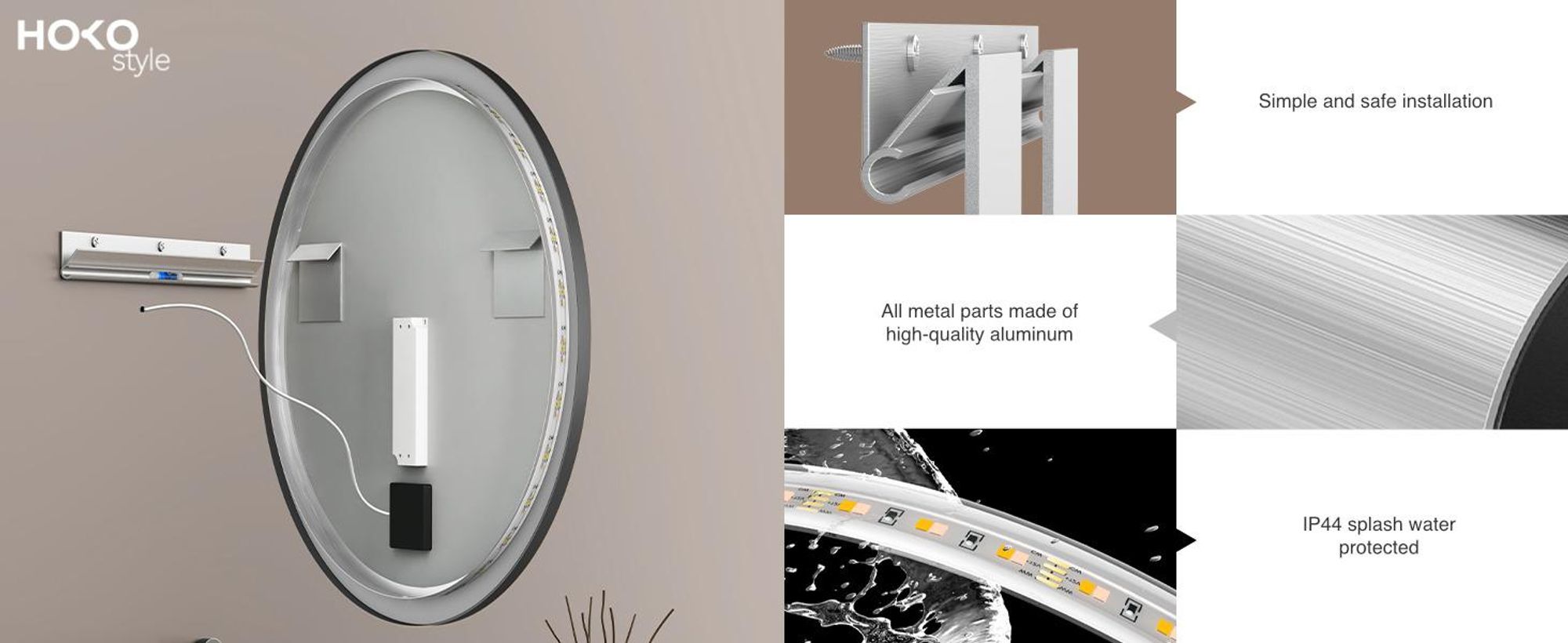 Specchio da bagno LED HOKO, forma circolare, diametro 60 cm, cornice in alluminio nero, interruttore touch con funzione di memoria, regolazione della temperatura del colore da 2700 a 6500 K, grado di protezione IP44 per l'uso in bagno, modello Helsinki